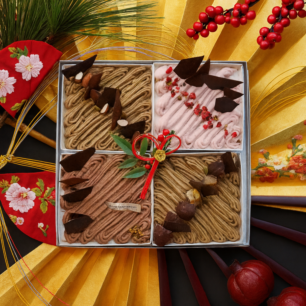 お正月スイーツ スクエアスイーツ贈答用ギフトボックス　４種モンブランアソート（山江栗、和栗、ショコラ、べりー）お節スタイル