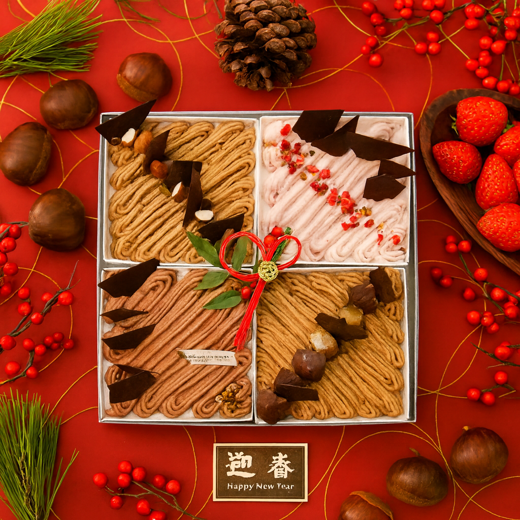 お正月スイーツ スクエアスイーツ贈答用ギフトボックス　４種モンブランアソート（山江栗、和栗、ショコラ、べりー）お節スタイル