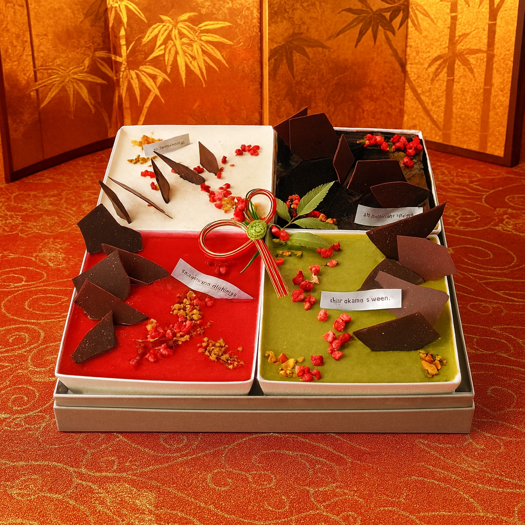 お正月スイーツ スクエアスイーツ贈答用ギフトボックス　４種Mixスイーツアソート（ムースフロマージュ、ミロワールフランボワーズ／ショコラ／ピスターシュ）お節スタイル