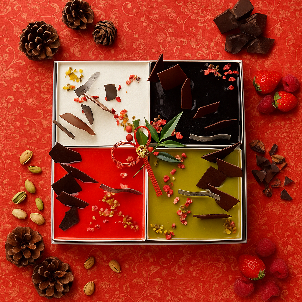 お正月スイーツ スクエアスイーツ贈答用ギフトボックス　４種Mixスイーツアソート（ムースフロマージュ、ミロワールフランボワーズ／ショコラ／ピスターシュ）お節スタイル