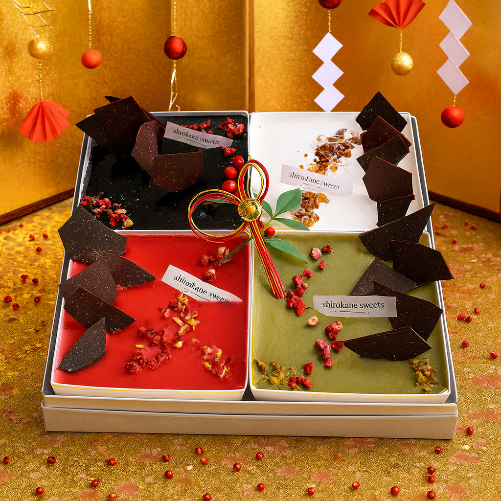 お正月スイーツ スクエアスイーツ贈答用ギフトボックス　４種Mixスイーツアソート（ドゥーブルフロマージュ、ミロワールフランボワーズ／ショコラ／ピスターシュ）お節スタイル