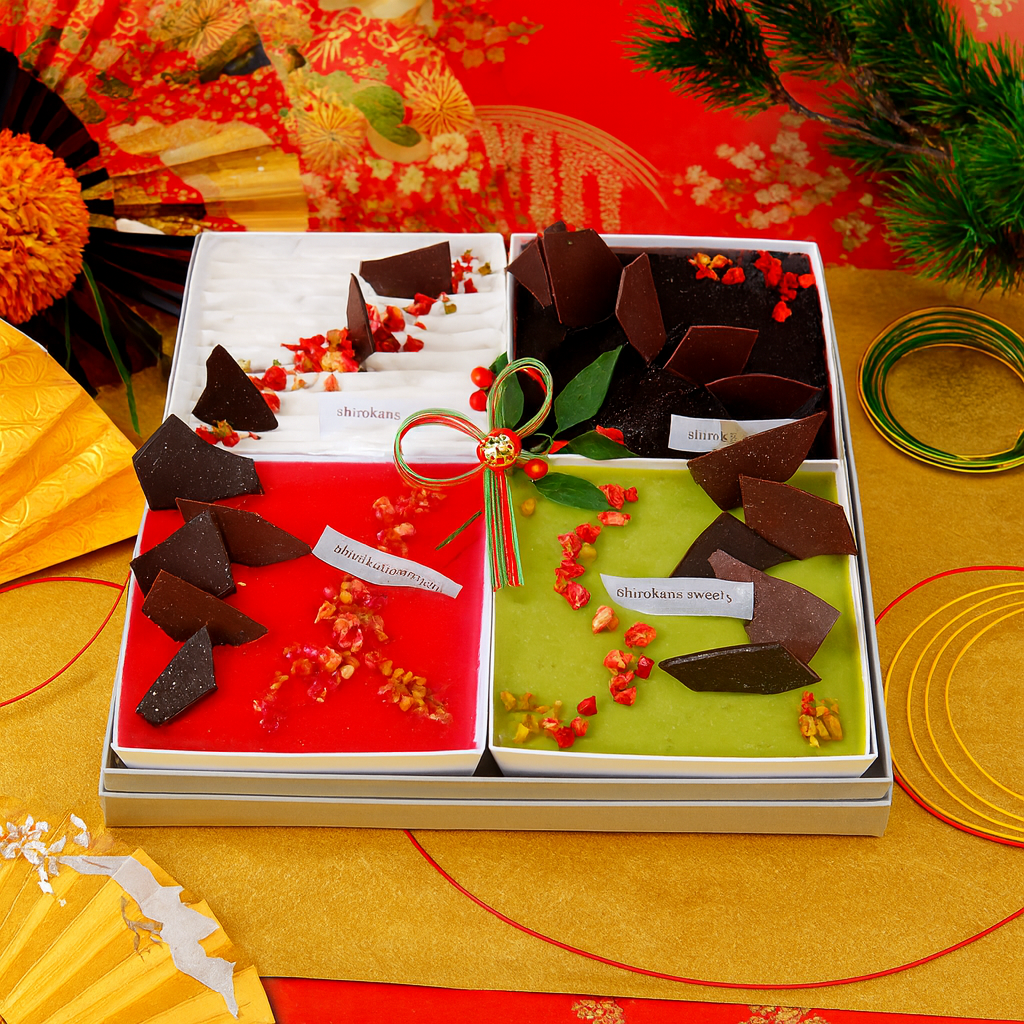 お正月スイーツ スクエアスイーツ贈答用ギフトボックス　４種Mixスイーツアソート（ショートケーキ（ベリー）、ミロワールフランボワーズ／ショコラ／ピスターシュ）お節スタイル