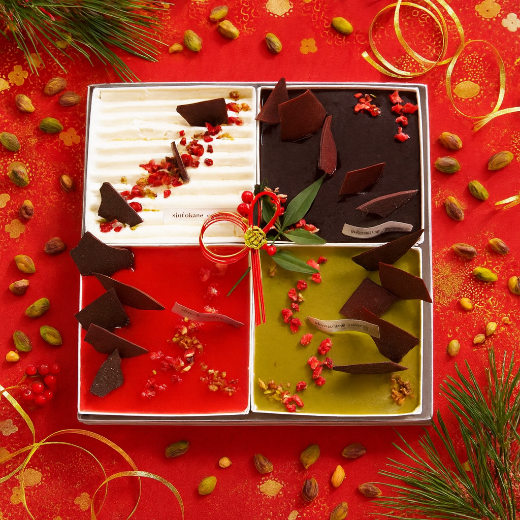 お正月スイーツ スクエアスイーツ贈答用ギフトボックス　４種Mixスイーツアソート（ショートケーキ（ベリー）、ミロワールフランボワーズ／ショコラ／ピスターシュ）お節スタイル