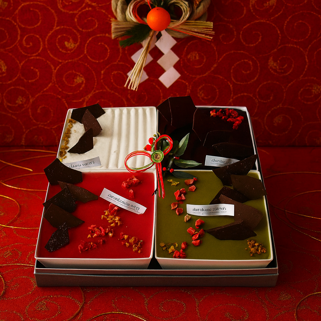 お正月スイーツスクエアスイーツ贈答用ギフトボックス　４種Mixスイーツアソート（ショートケーキ（オレンジ）、ミロワールフランボワーズ／ショコラ／ピスターシュ）お節スタイル