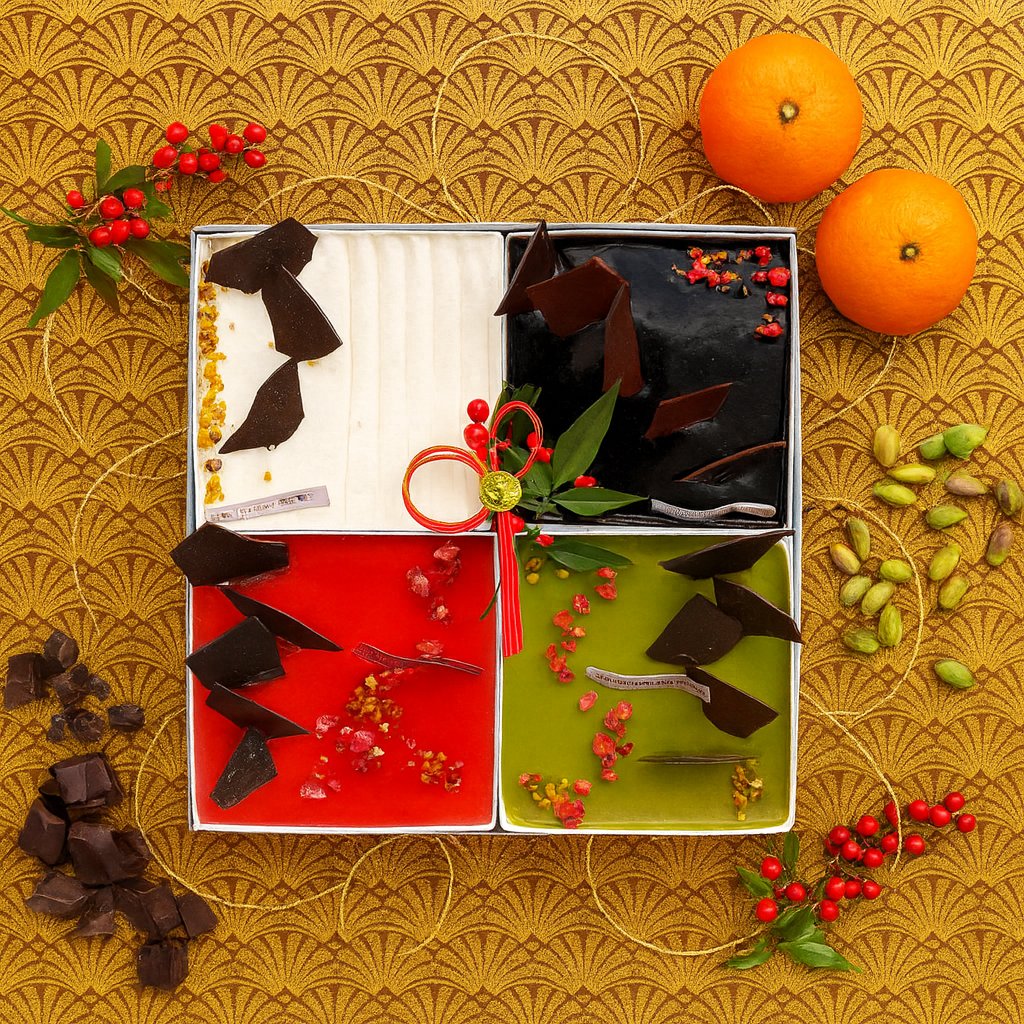 お正月スイーツスクエアスイーツ贈答用ギフトボックス　４種Mixスイーツアソート（ショートケーキ（オレンジ）、ミロワールフランボワーズ／ショコラ／ピスターシュ）お節スタイル