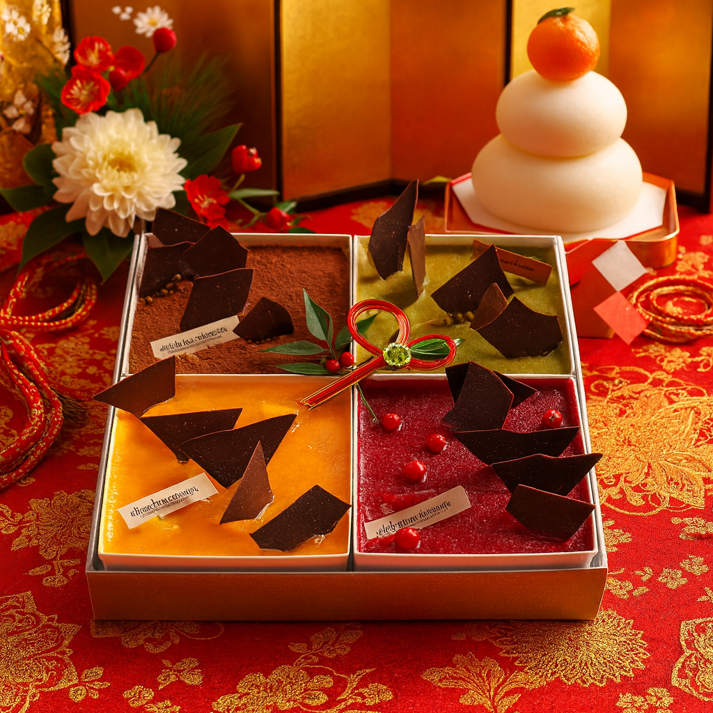 お正月スイーツ スクエアスイーツ贈答用ギフトボックス　４種ティラミスアソート（プレーン、マンゴーオレンジ、フランボワーズ、ピスタチオ）お節スタイル