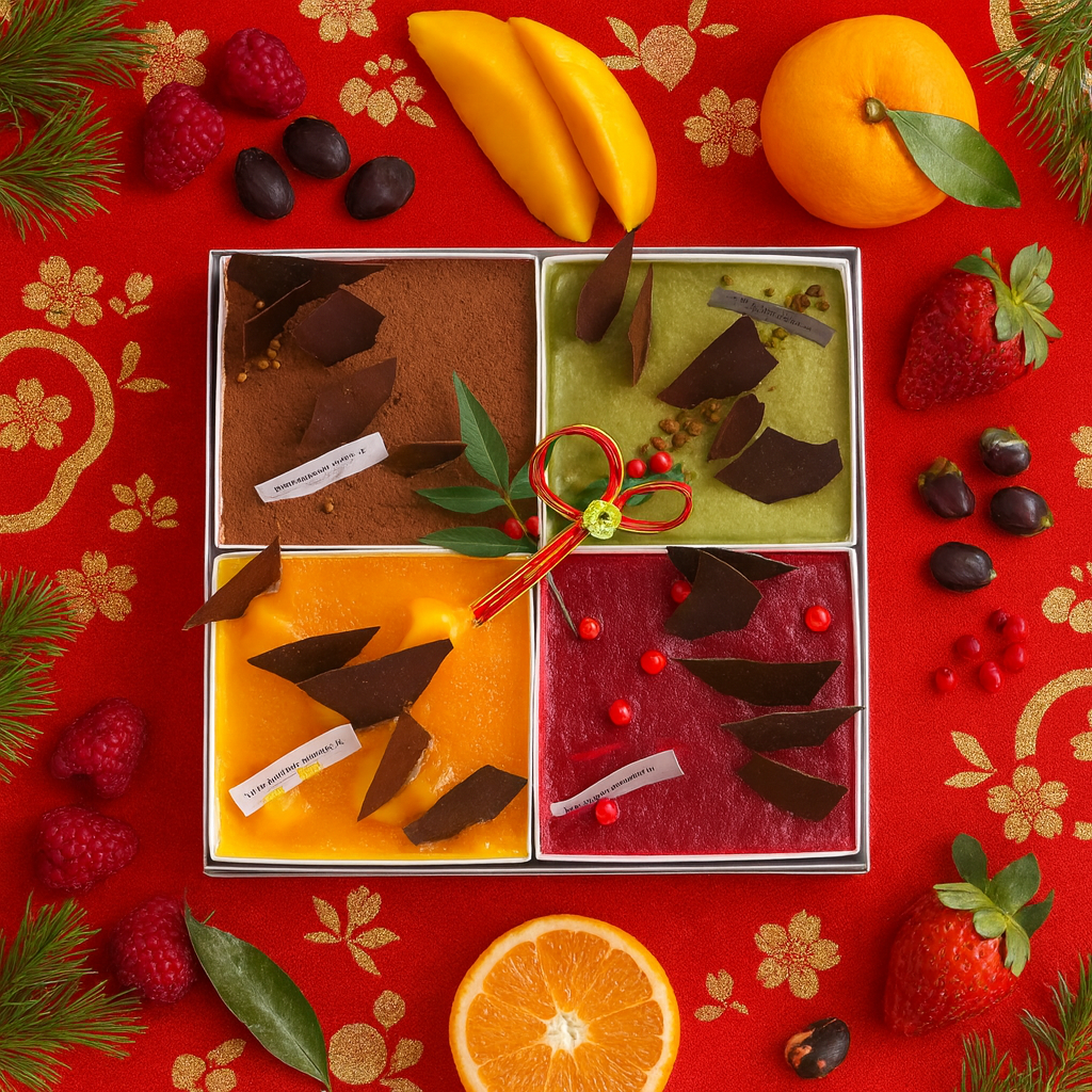 お正月スイーツ スクエアスイーツ贈答用ギフトボックス　４種ティラミスアソート（プレーン、マンゴーオレンジ、フランボワーズ、ピスタチオ）お節スタイル