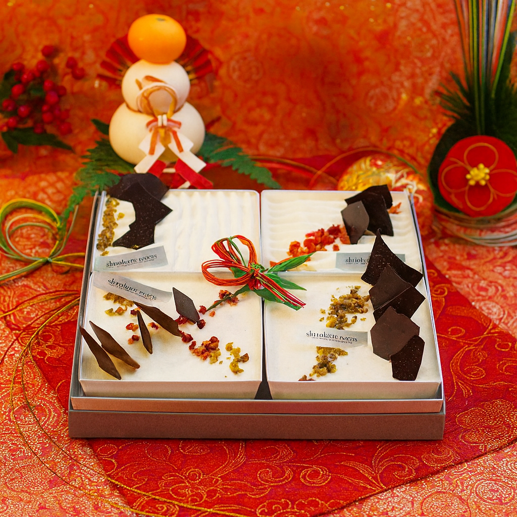 お正月スイーツ スクエアスイーツ贈答用ギフトボックス　４種ホワイトスイーツアソート（ショート（イチゴ）、ショート（オレンジ）、ドゥーブルフロマージュ、ムースフロマージュ）お節スタイル