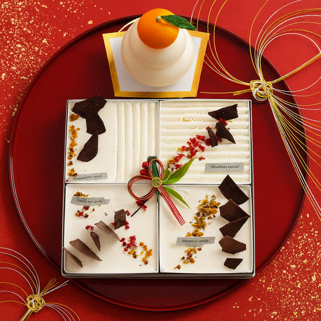 お正月スイーツ スクエアスイーツ贈答用ギフトボックス　４種ホワイトスイーツアソート（ショート（イチゴ）、ショート（オレンジ）、ドゥーブルフロマージュ、ムースフロマージュ）お節スタイル