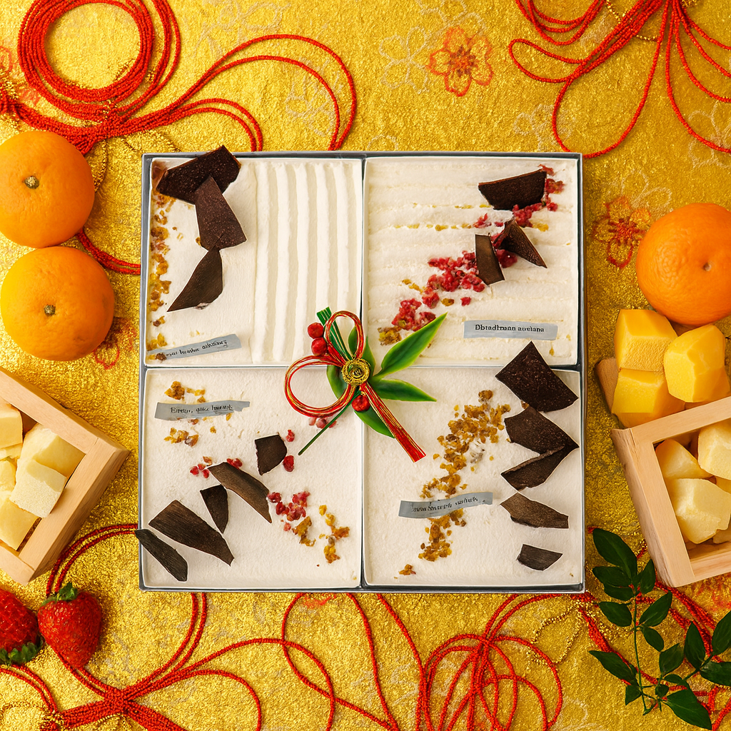 お正月スイーツ スクエアスイーツ贈答用ギフトボックス　４種ホワイトスイーツアソート（ショート（イチゴ）、ショート（オレンジ）、ドゥーブルフロマージュ、ムースフロマージュ）お節スタイル